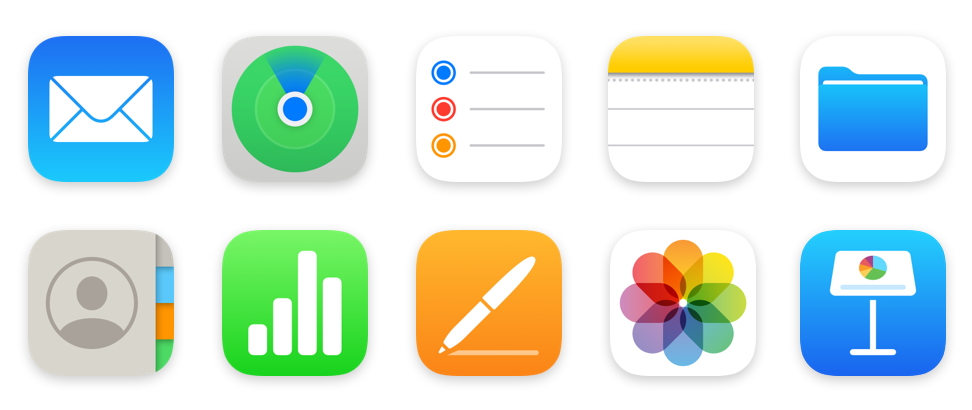 iCloud.com'da bulunan uygulamalar için simgelerden oluşan bir koleksiyon; bunlar arasında Mail, Bul ve Hatırlatıcılar yer almaktadır.